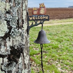 Cast-iron wall bell with owls and “Welcome” – full view