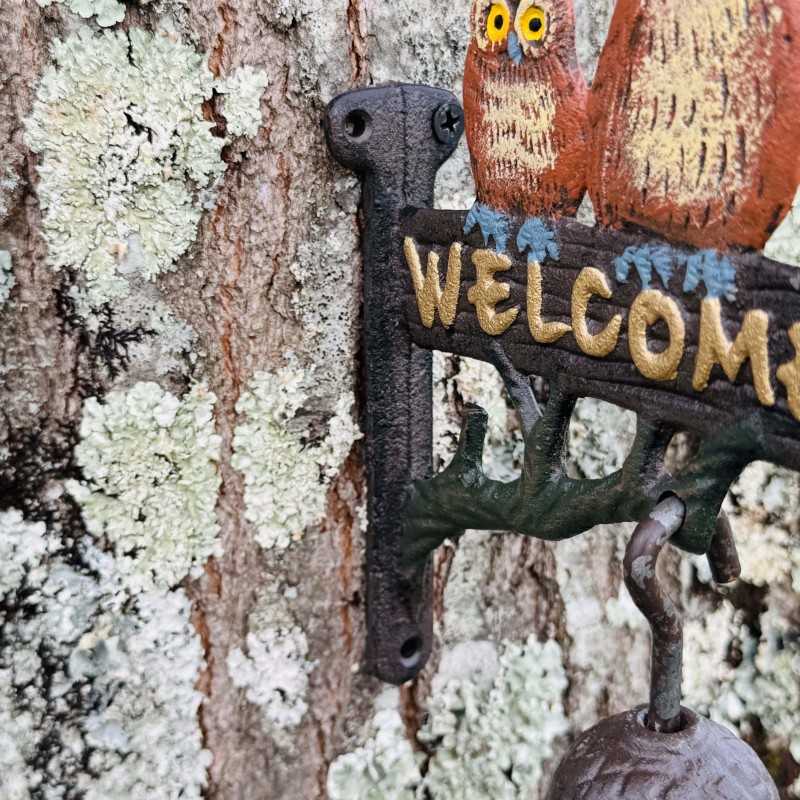 Cast-Iron Wall Bell with Owls and “Welcome” – Originality and a Warm Welcome, Viewed from the 3 Mounting Points