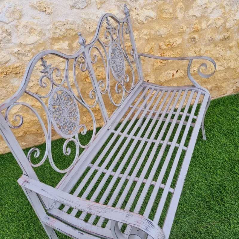 Antique-style metal outdoor bench, top view