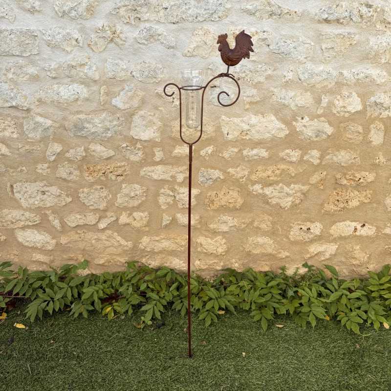 Decorative patinated metal rooster rain gauge – 132 cm – 35 mm graduated glass – Garden Lizard