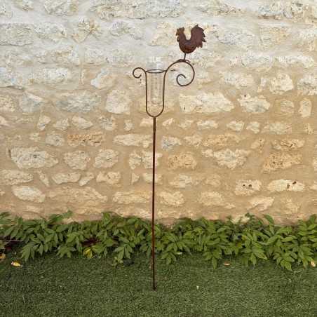Decorative patinated metal rooster rain gauge – 132 cm – 35 mm graduated glass – Garden Lizard