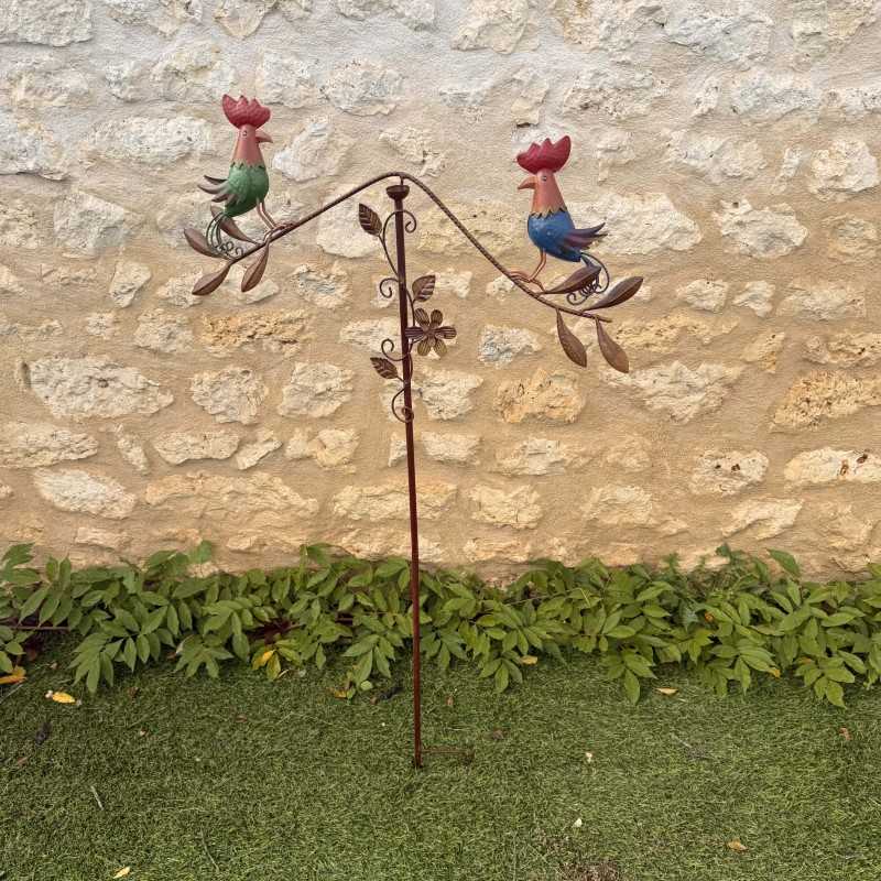 Decorative metal garden mobile featuring painted hens – full view