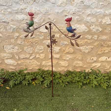 Decorative metal garden mobile featuring painted hens – full view