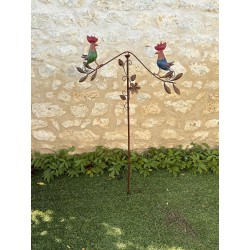 Decorative metal garden mobile featuring painted hens – full view