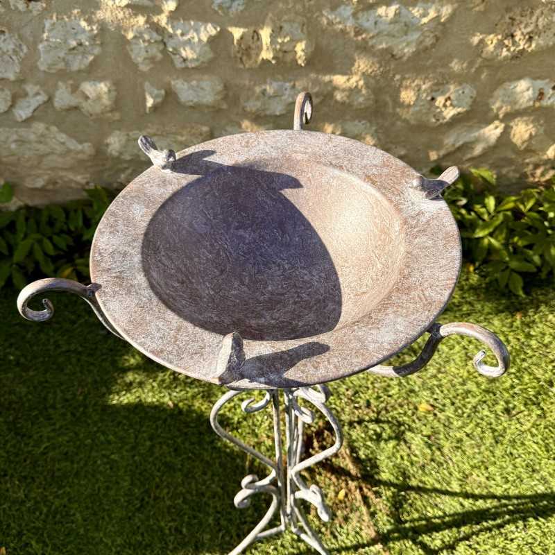 Patinated Metal Bird Bath on Stand, Top View