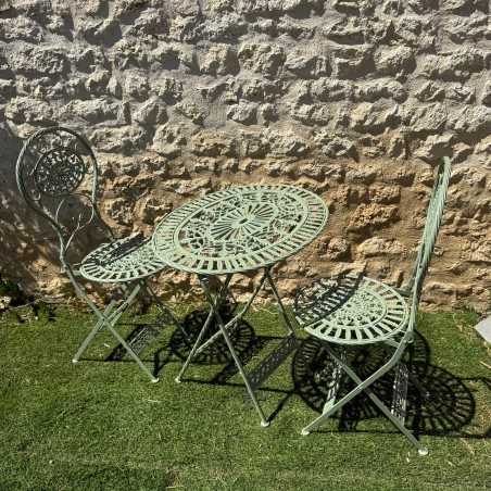 Folding iron and cast iron garden set – Distressed green vintage style | Garden Lizard