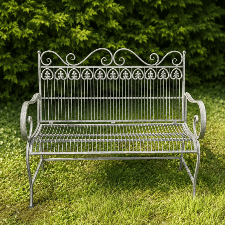 Antique garden bench in verdigris-finished metal
