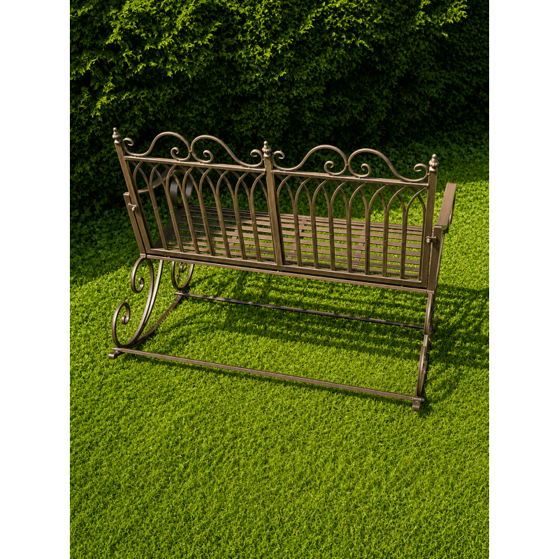 Garden rocking bench in weathered antique brown metal, rear view