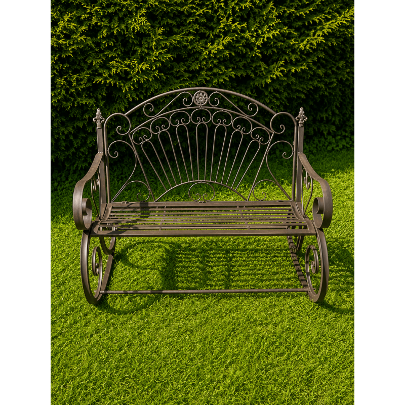 Outdoor weathered brown metal rocking bench – Romantic style