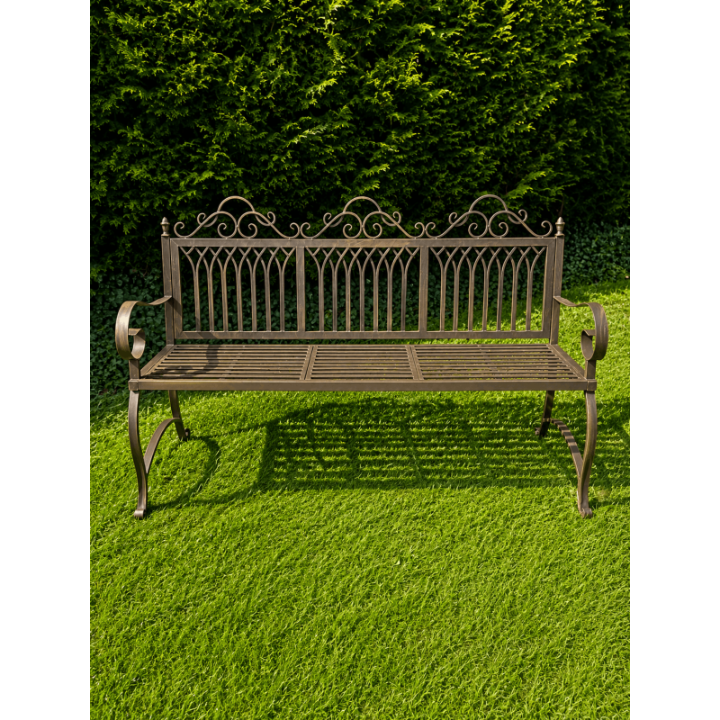 3-seat weathered metal garden bench with a lowered central table.