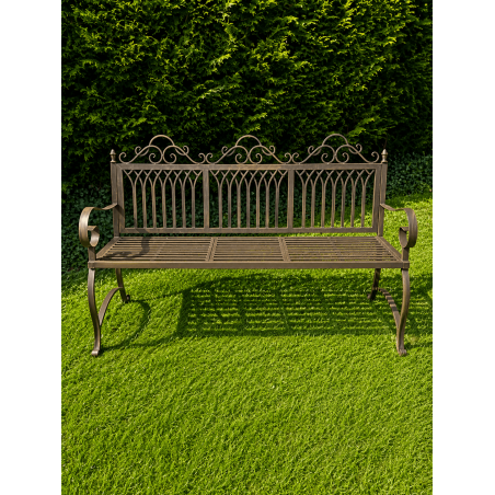 3-seat weathered metal garden bench with a lowered central table.