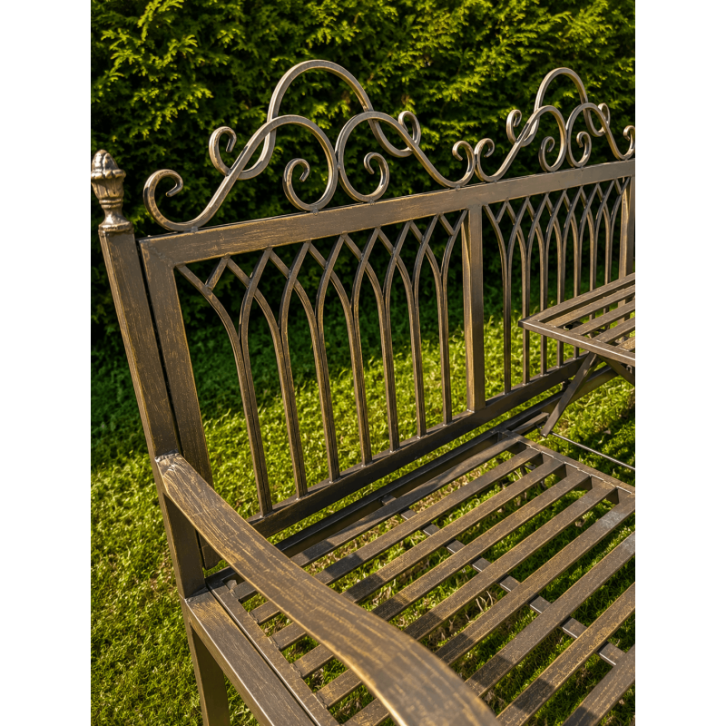 Three-seat weathered metal garden bench, armrest view