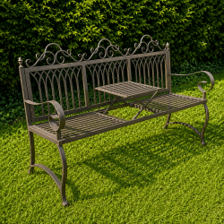 3-seat weathered metal garden bench with a lift-up central table.