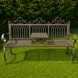 Three-seat weathered metal garden bench with a lift-up central table, front view