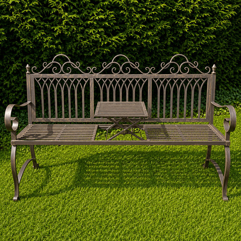 Three-seat weathered metal garden bench with a lift-up central table, front view