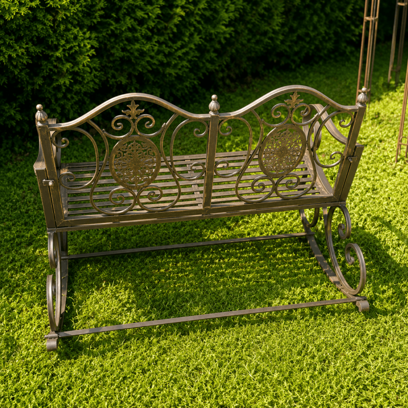 Patina-brown metal garden rocking chair, rear view