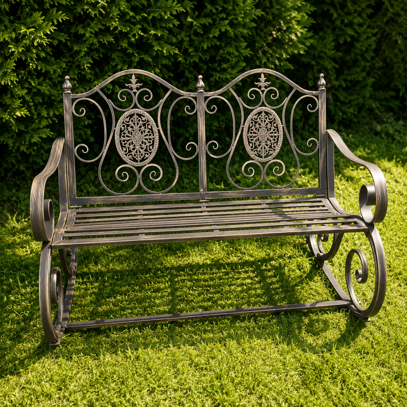 Patina-brown metal garden rocking chair with cast-iron medallions
