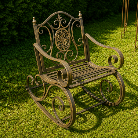 Single-seat garden rocking chair in weathered brown metal with a cast-iron medallion