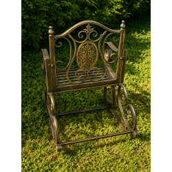 Single-seat garden rocking chair in weathered brown metal with a cast-iron medallion