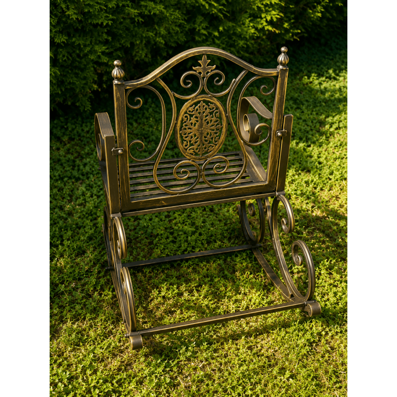 Single-seat garden rocking chair in weathered brown metal with a cast-iron medallion