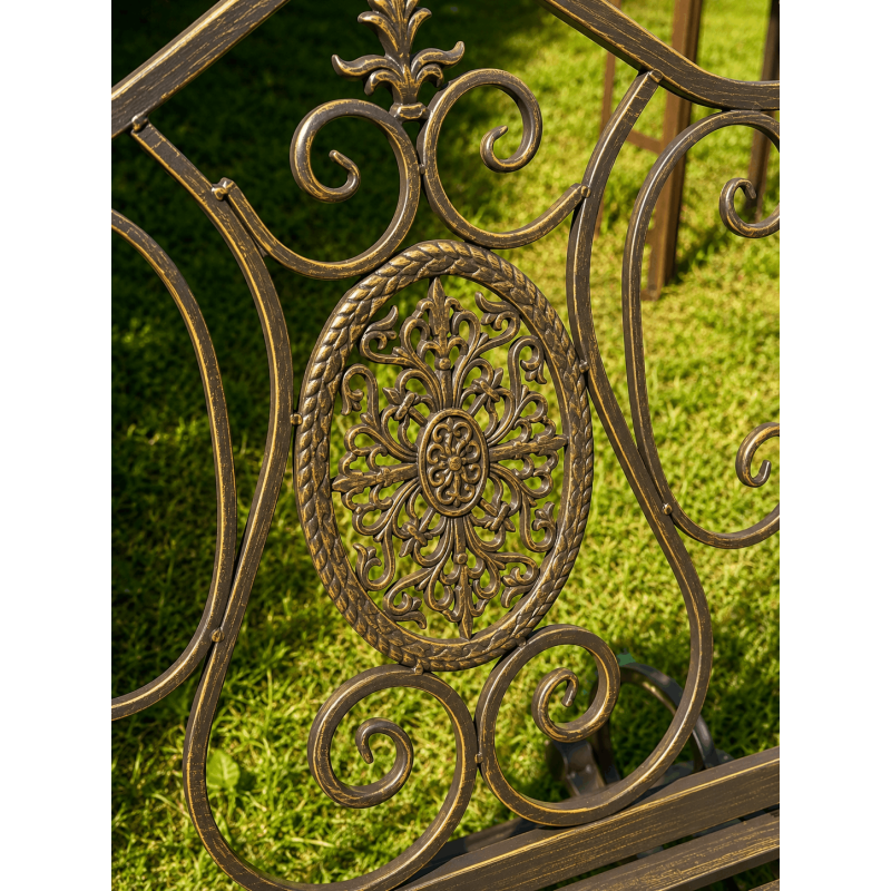 Single-seat garden rocking chair in weathered brown metal with a cast-iron medallion