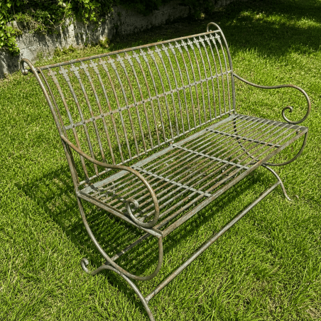 Weathered verdigris and rust-finished metal garden bench – Antique style