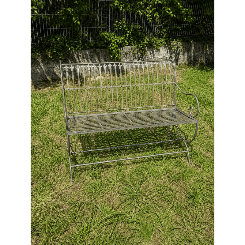 Patinated verdigris-rust metal garden bench – Antique style, front view