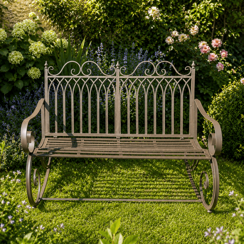 Garden rocking bench in aged brown metal