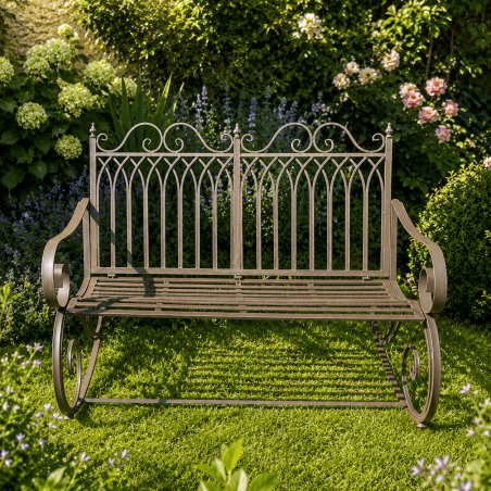 Garden rocking bench in aged brown metal