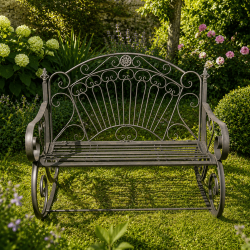 Outdoor weathered brown metal rocking bench – Romantic style
