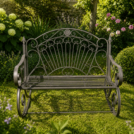 Outdoor weathered brown metal rocking bench – Romantic style