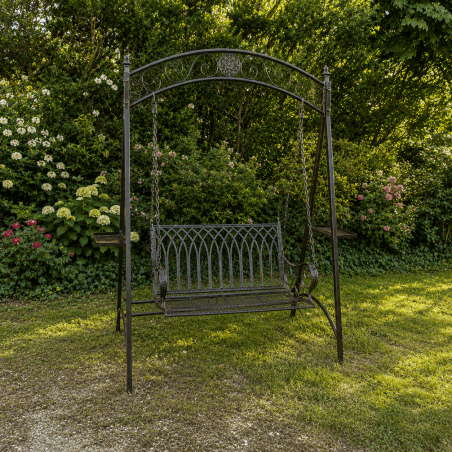 2-seat garden swing with foldable side tables – Distressed brown metal