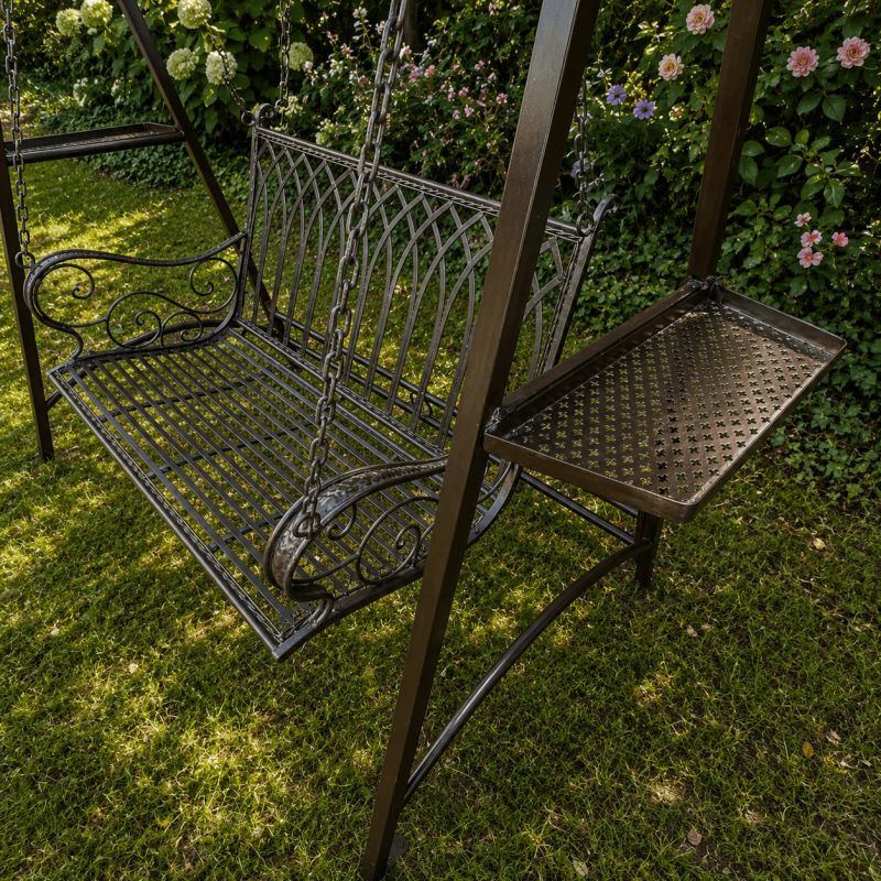 Brown two-seater garden swing with fold-down trays