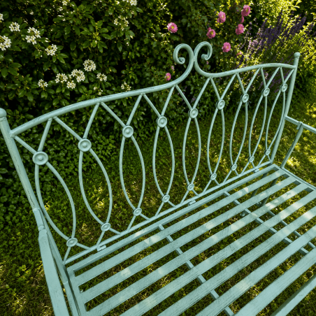 Patinated mint-green metal garden bench – backrest and seat view
