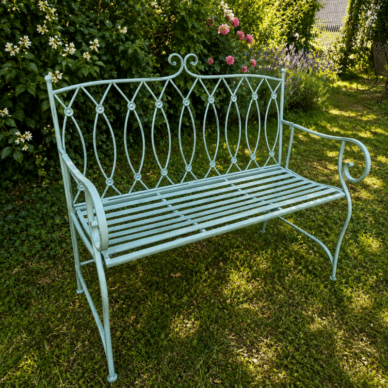 Patinated aqua-green metal garden bench – Romantic style
