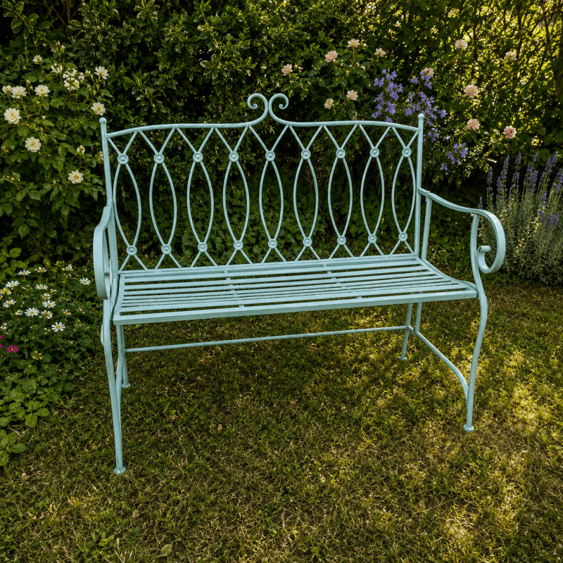 Patinated aqua-green metal garden bench – Romantic style