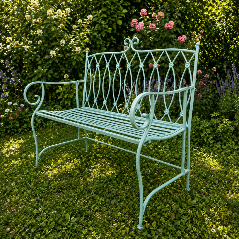 Patinated aqua-green metal garden bench – Romantic style