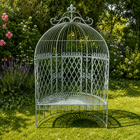 Patinated verdigris metal garden arch bench – A romantic seat for roses and clematis