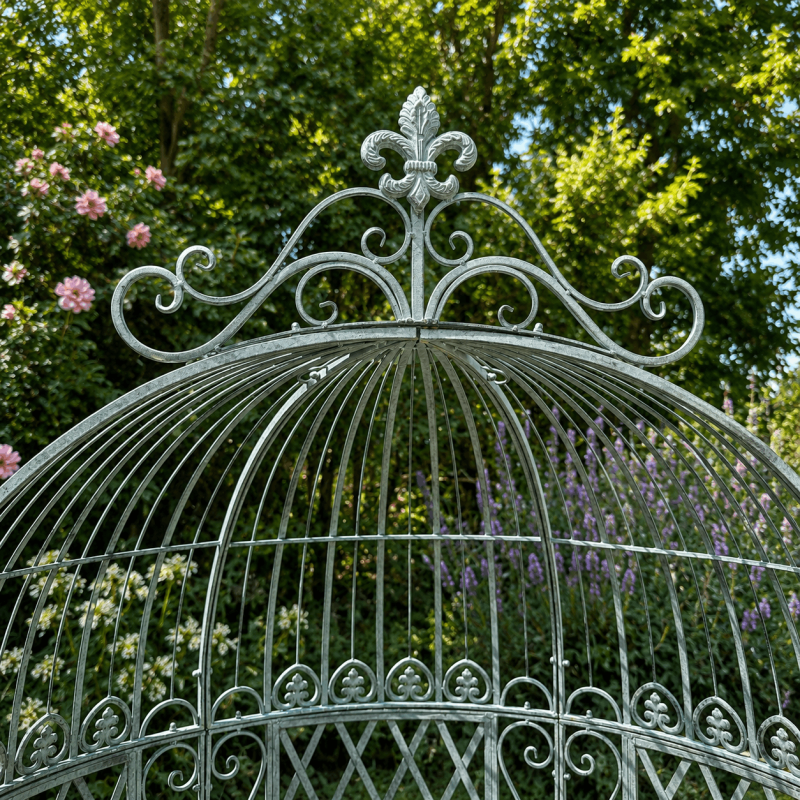 Garden arch bench in verdigris-patinated metal, view of the dome