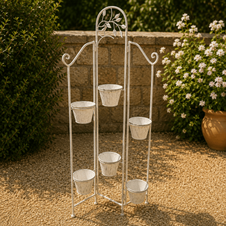 Porte-plante 6 pots en métal gris patiné ancien – Une élégante mise en scène pour vos fleurs