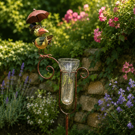 Decorative garden rain gauge with a bird under an umbrella