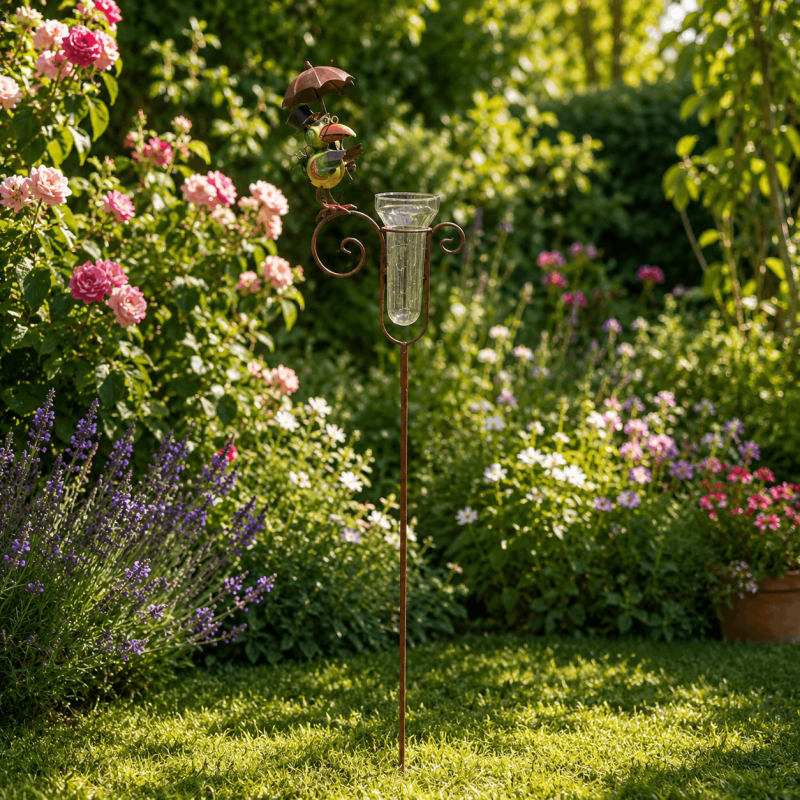 Decorative garden rain gauge, bird under umbrella – overall views