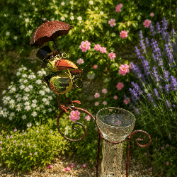 Decorative garden rain gauge, bird under umbrella – top view