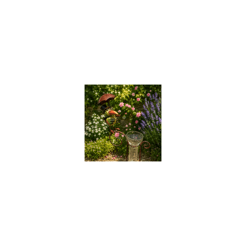 Decorative garden rain gauge, bird under umbrella – top view