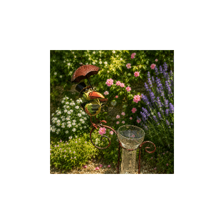 Decorative garden rain gauge, bird under umbrella – top view