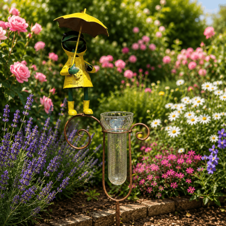 Decorative frog rain gauge in a yellow raincoat