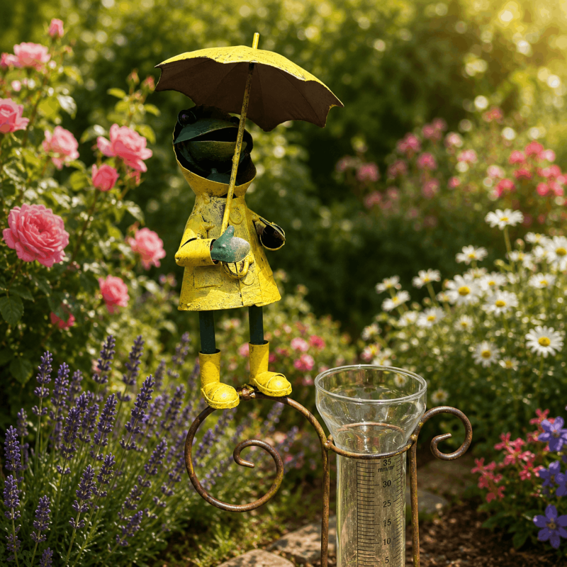 Decorative frog rain gauge in a yellow raincoat – frog view