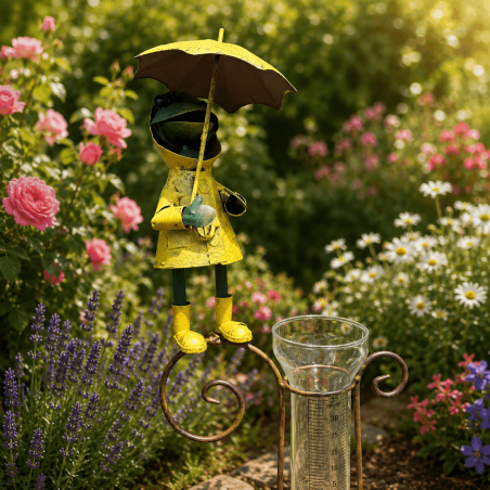 Decorative frog rain gauge in a yellow raincoat – frog view
