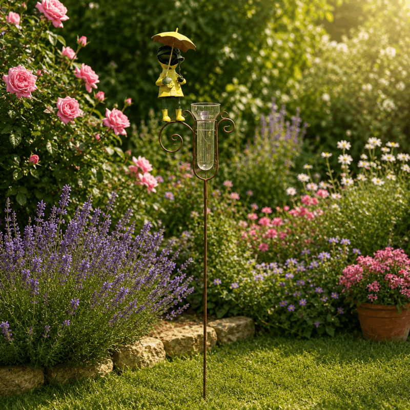 Decorative frog rain gauge in a yellow raincoat – overview