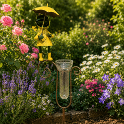 Decorative frog-shaped rain gauge wearing a yellow raincoat – front view